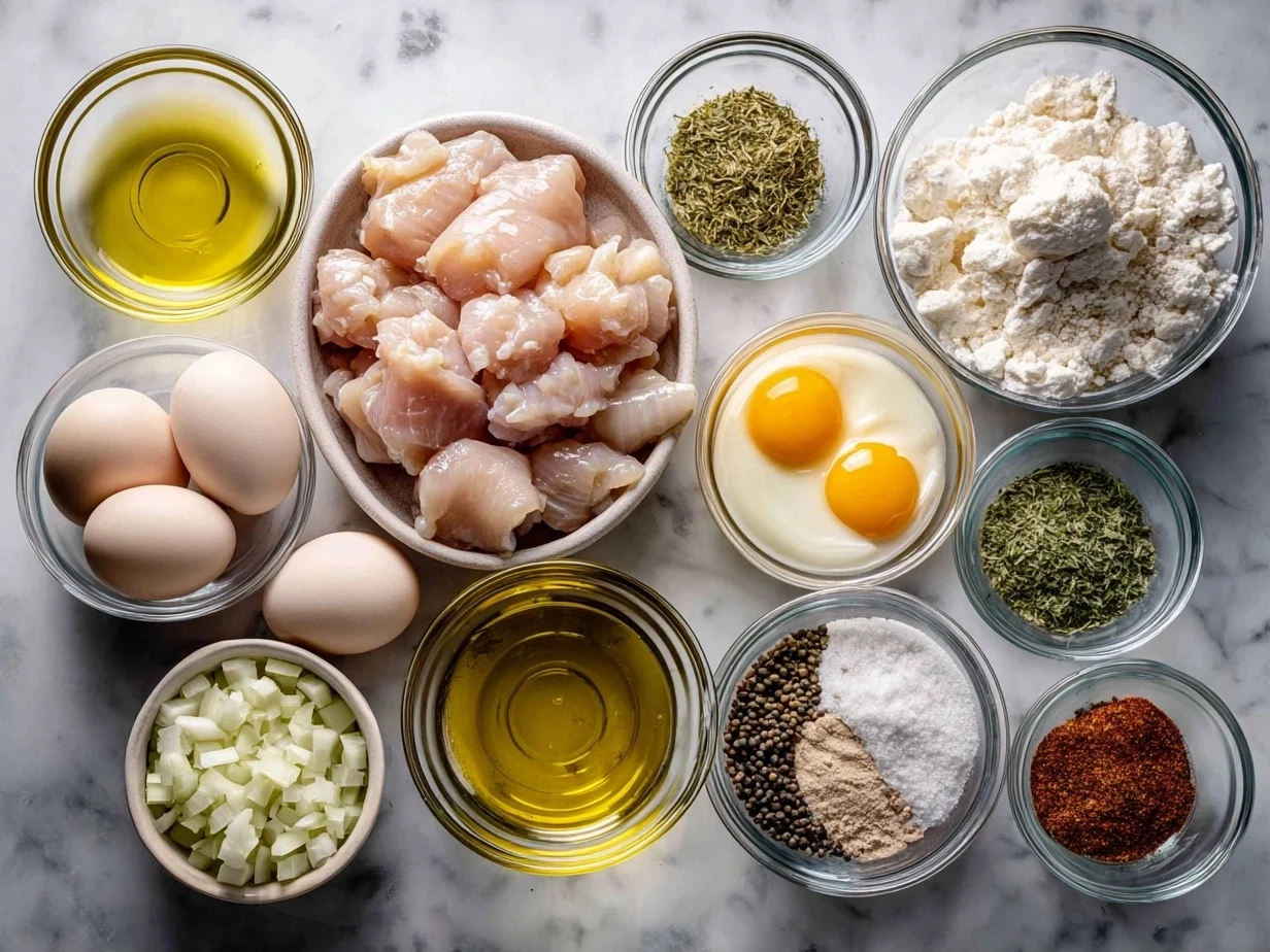 Ingredients for Chicken Gloria laid out on a wooden surface, including chicken breasts, mushrooms, onions, garlic, white wine, chicken broth, heavy cream, Parmesan cheese, parsley, salt, and pepper.
