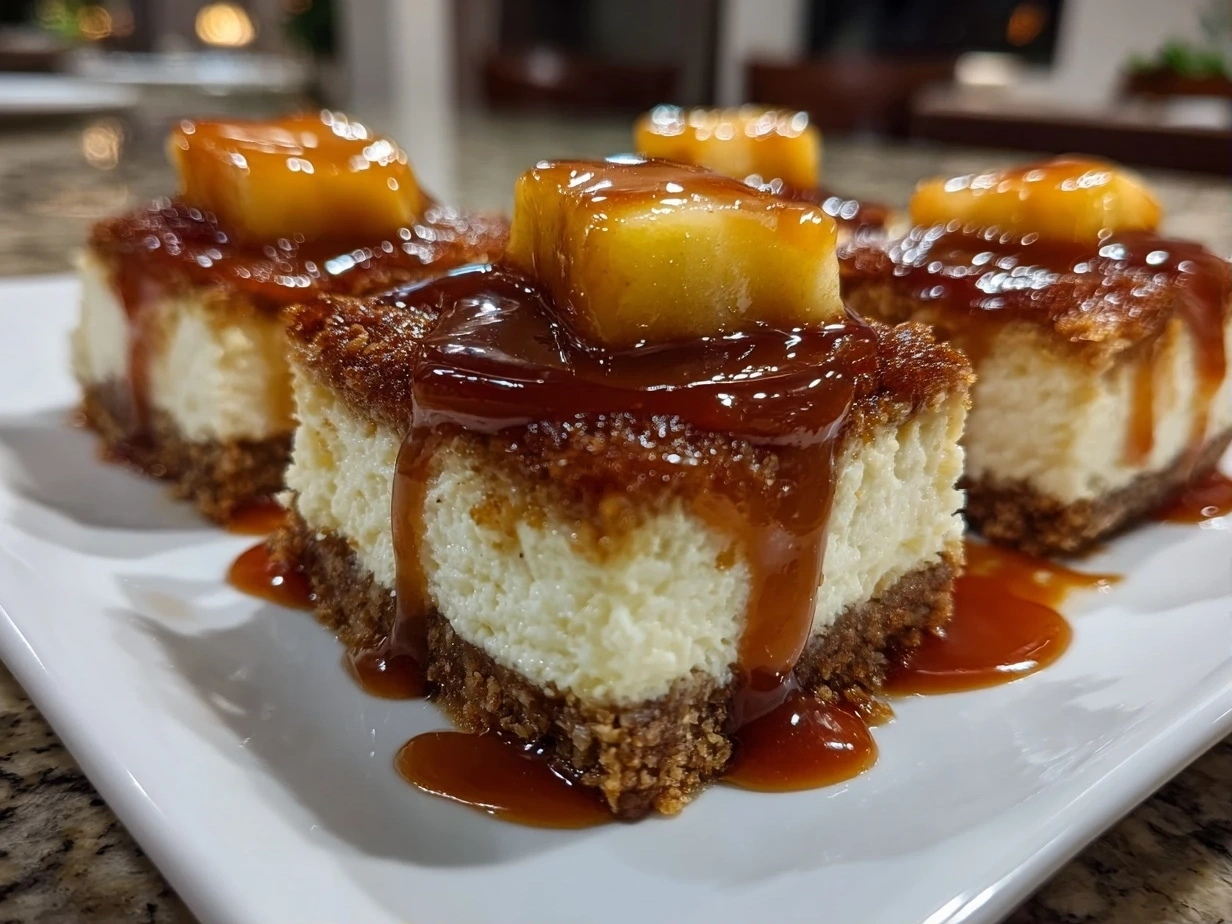Close-up of a finished caramel apple cheesecake bar