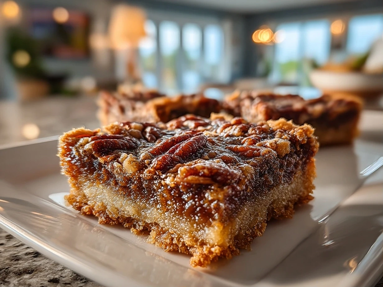 Close-up of a Gooey Pecan Pie Bar