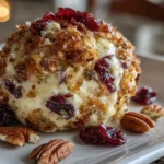 Close-up of Cranberry Pineapple Pecan Cheese Ball on a Festive Plate