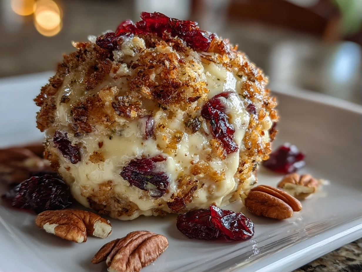 Close-up of Cranberry Pineapple Pecan Cheese Ball on a Festive Plate