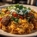 Close-Up of Delicious Mexican Beef and Rice Skillet