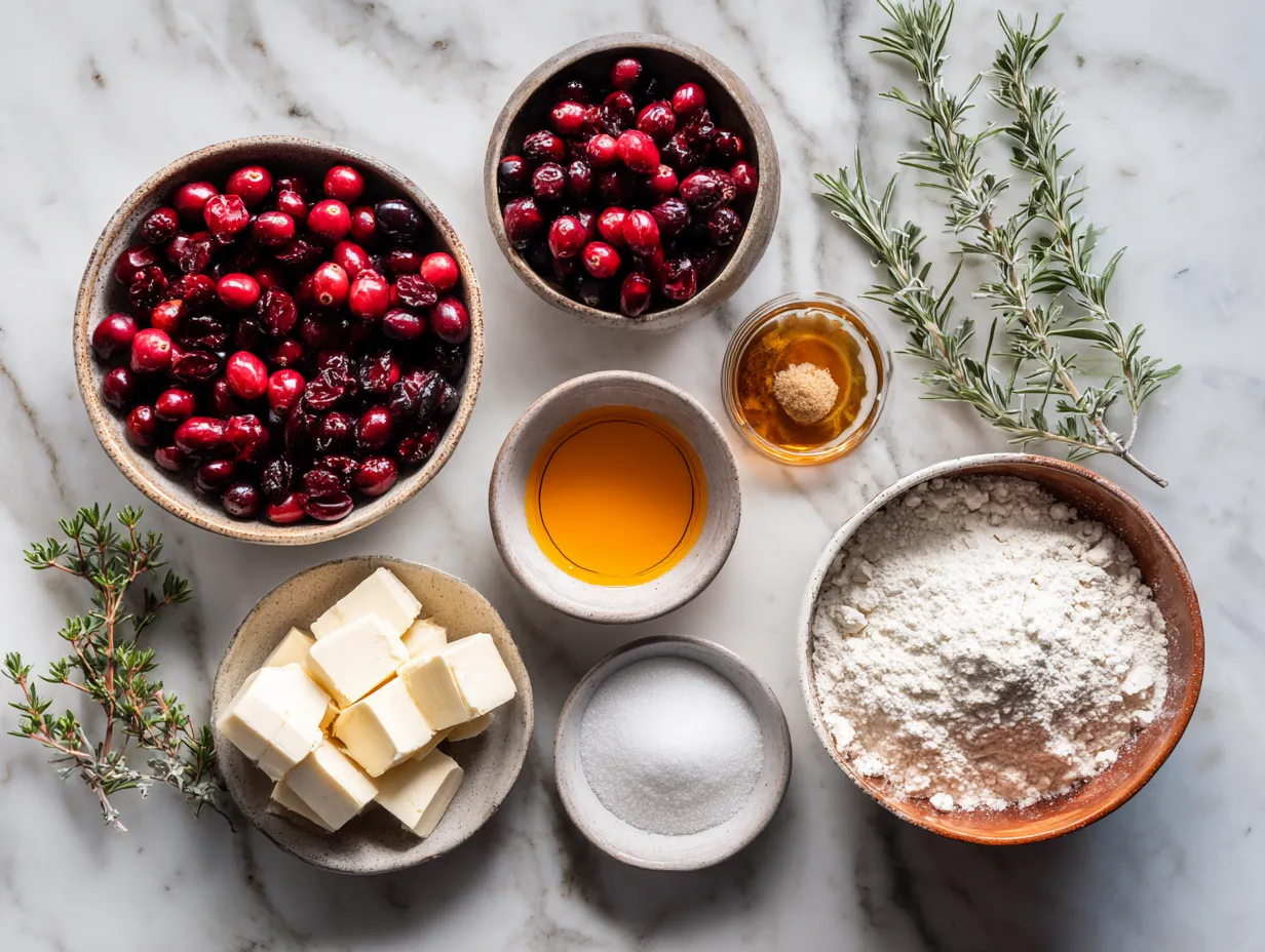 Ingredients for Cranberry Brie Crescent Wreath including crescent rolls, brie, cranberry sauce, pecans, egg, and milk