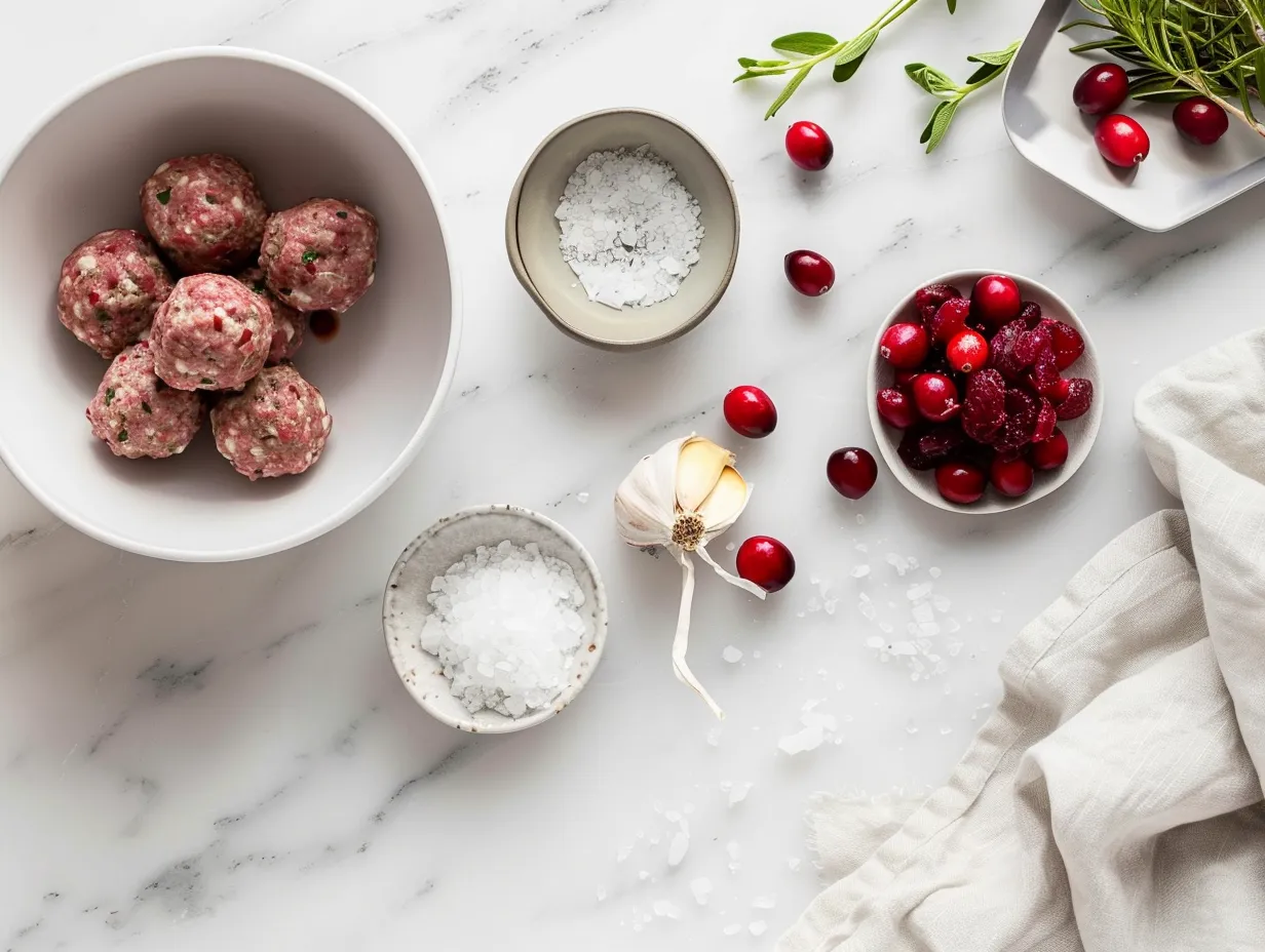 Ingredients for making Cranberry Meatballs including ground beef, breadcrumbs, onion, egg, garlic powder, cranberry sauce, chili sauce, brown sugar, Worcestershire sauce, and Dijon mustard.