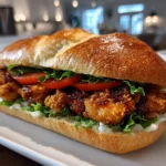Crispy Chicken Caesar Sandwich on a Wooden Board