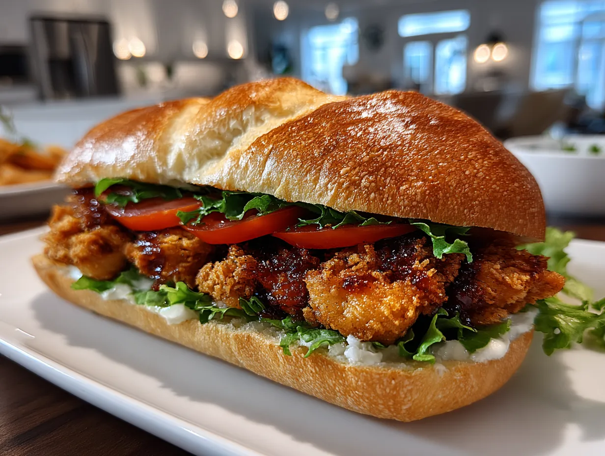 Crispy Chicken Caesar Sandwich on a Wooden Board