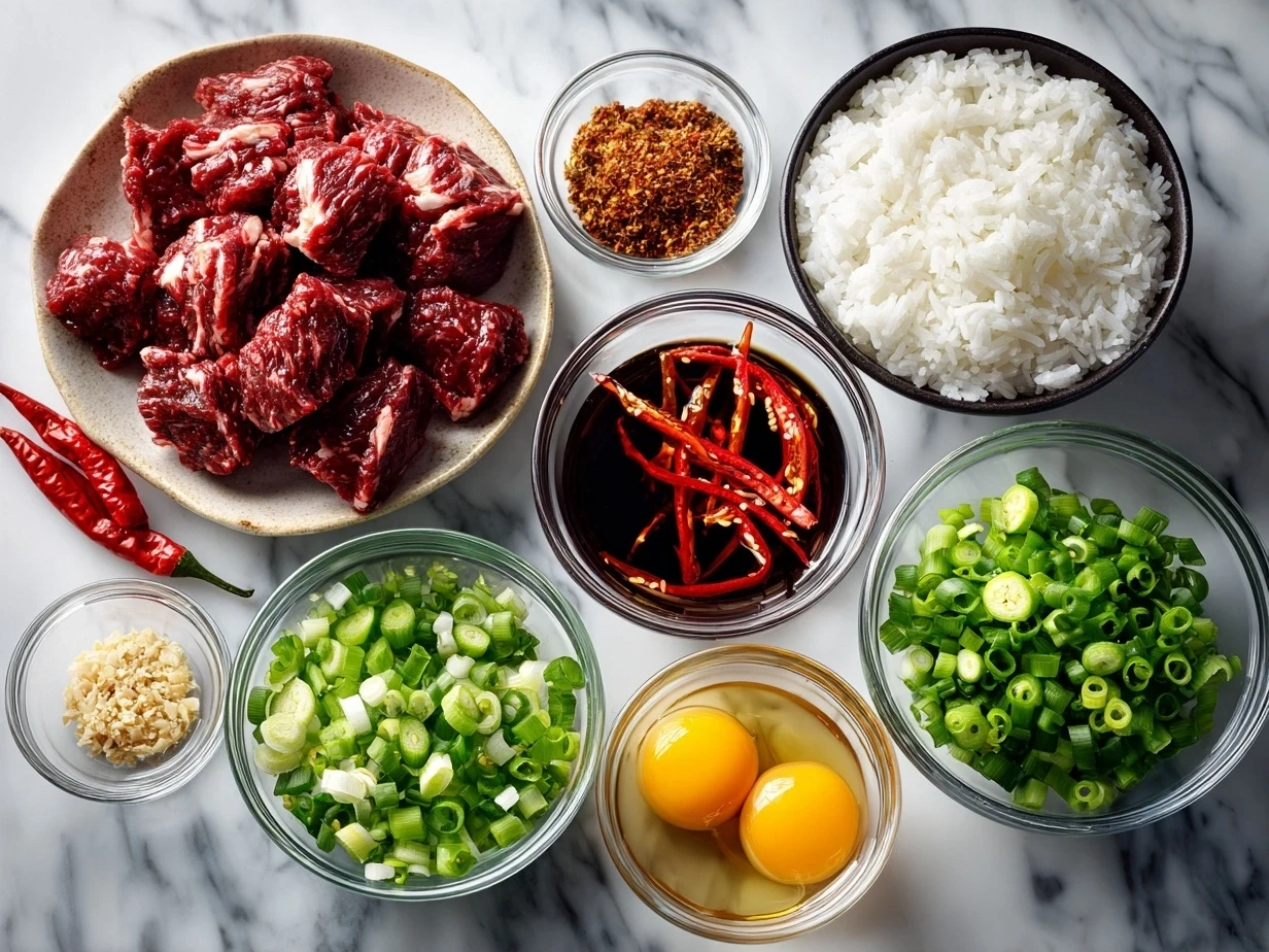 Ingredients for making Crispy Chilli Beef: beef sirloin, cornstarch, flour, salt, pepper, egg, vegetable oil, garlic, ginger, soy sauce, rice vinegar, sweet chilli sauce, brown sugar, sesame oil, red chilli, sesame seeds, and spring onions.