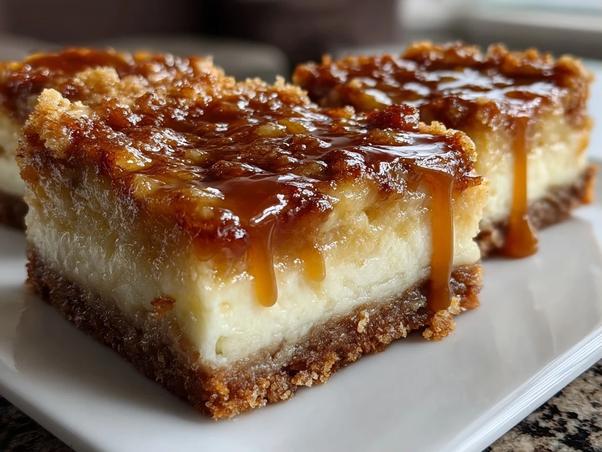 Delicious Caramel Apple Cheesecake Bars on a Plate