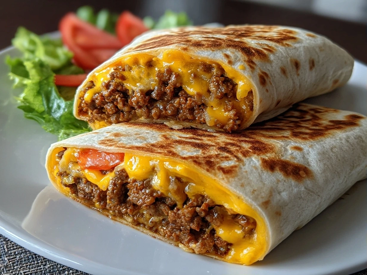 Delicious finished Big Mac Wrap, cut in half to show the filling.