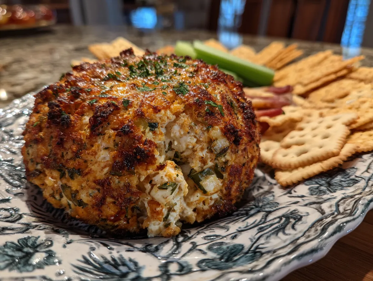 Delicious homemade Spicy Jalapeño Popper Cheese Ball on a serving platter with crackers.
