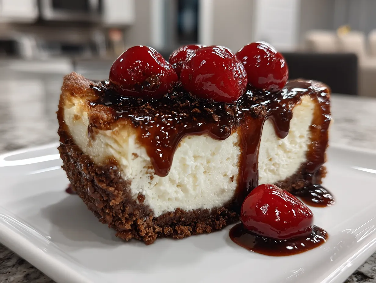 Delicious Slice of Chocolate Cherry Cheesecake