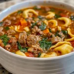 Delicious Tortellini Soup with Sausage in a White Bowl
