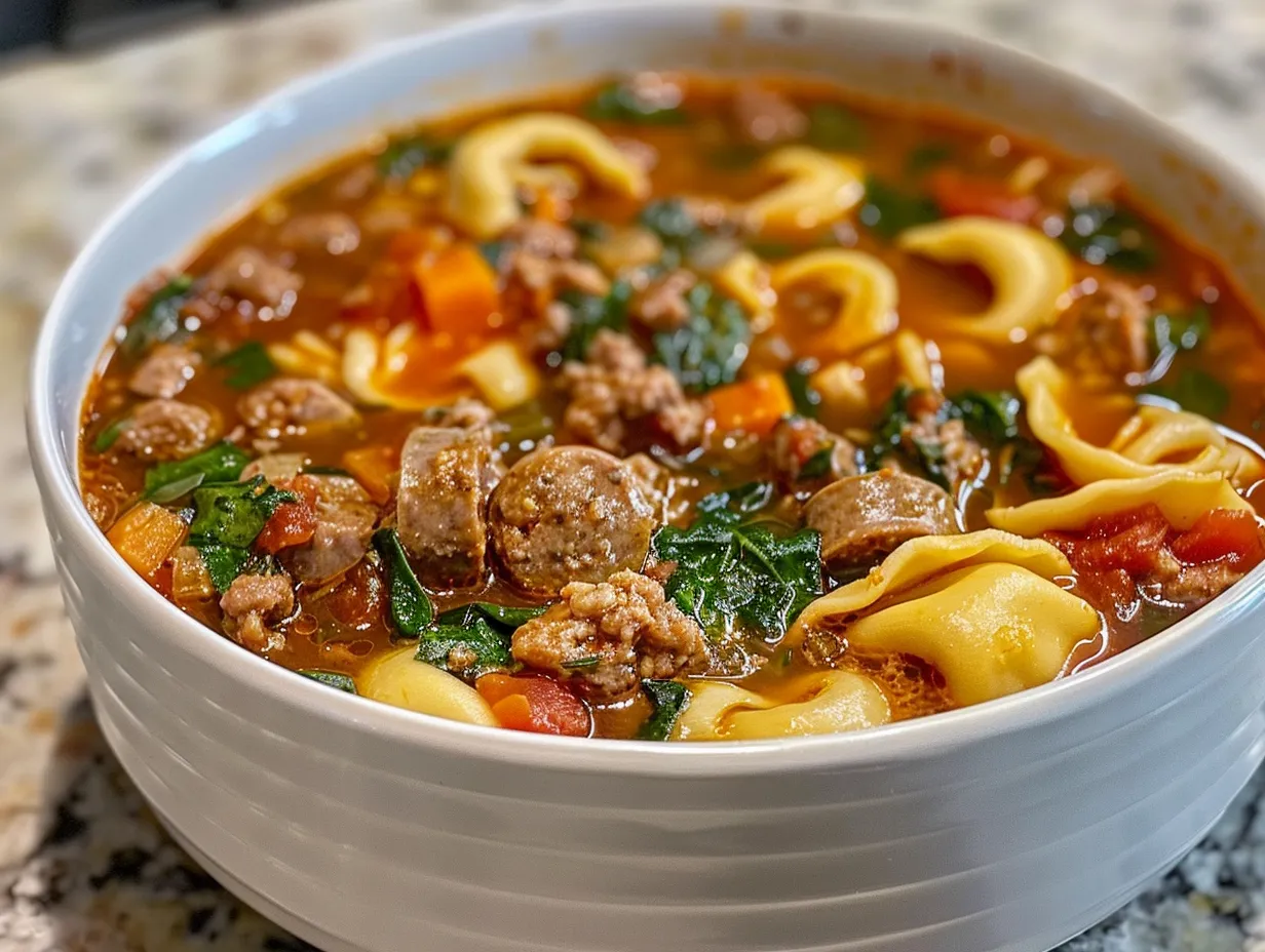 Delicious Tortellini Soup with Sausage in a White Bowl