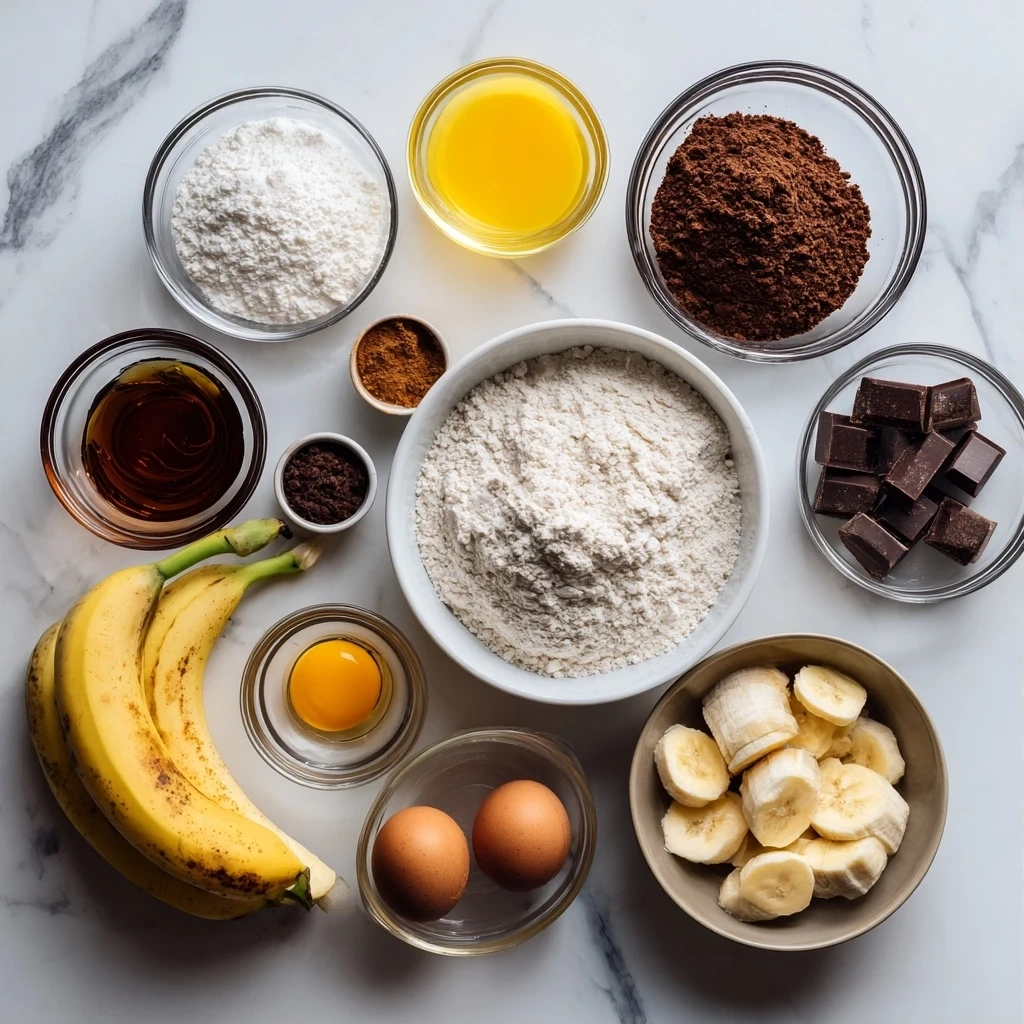 Ingredients for making Double Chocolate Banana Bread, including ripe bananas, cocoa powder, chocolate chips, and other baking essentials