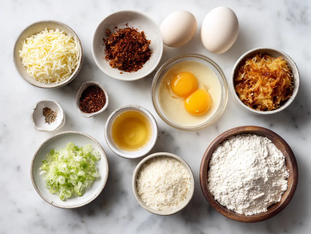 Ingredients for Egg Hashbrown Casserole: hash browns, sausage, cheese, onion, pepper, eggs, milk, and spices.