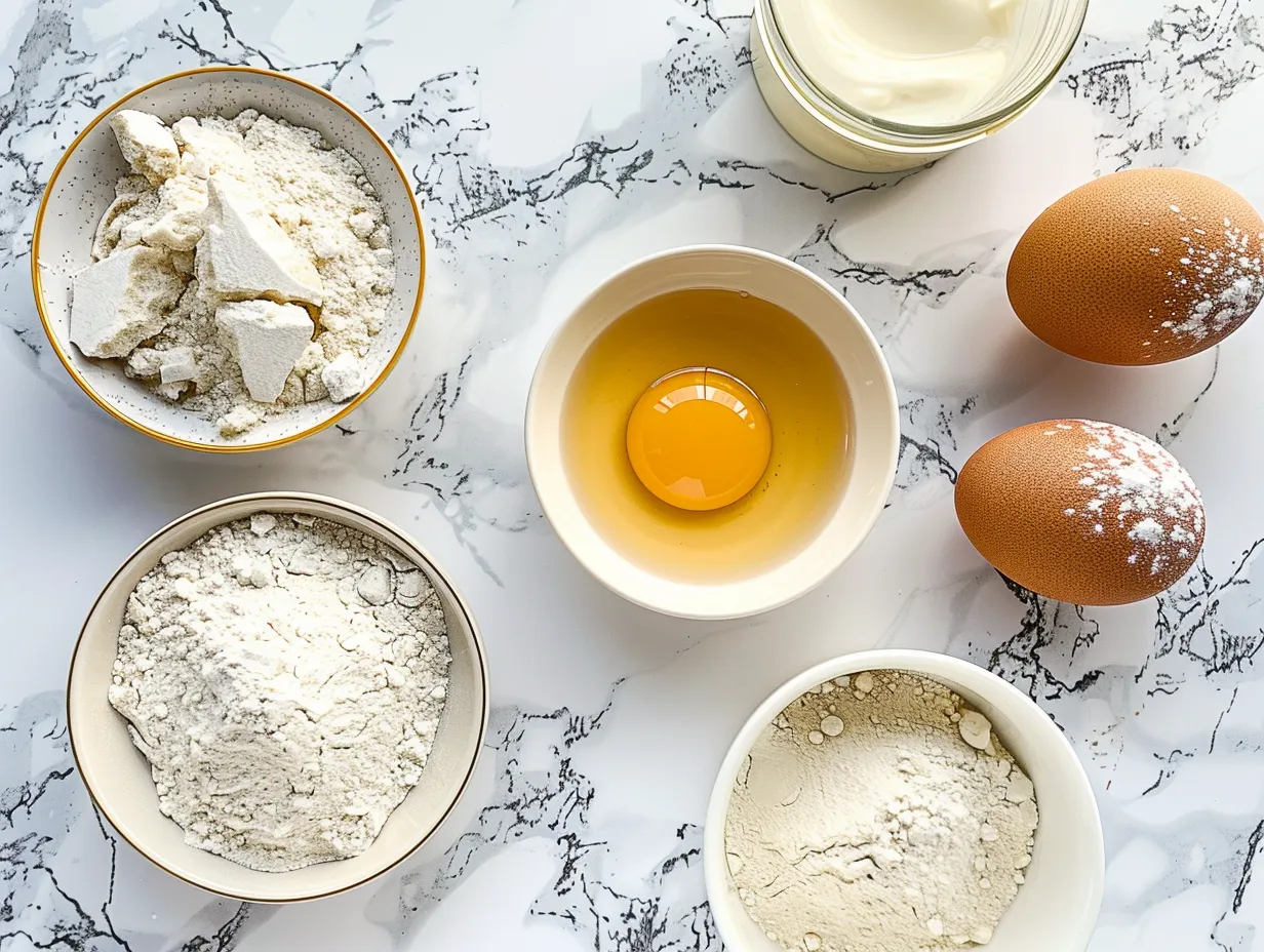 Ingredients for Fluffy Japanese Soufflé Pancakes arranged on a marble surface