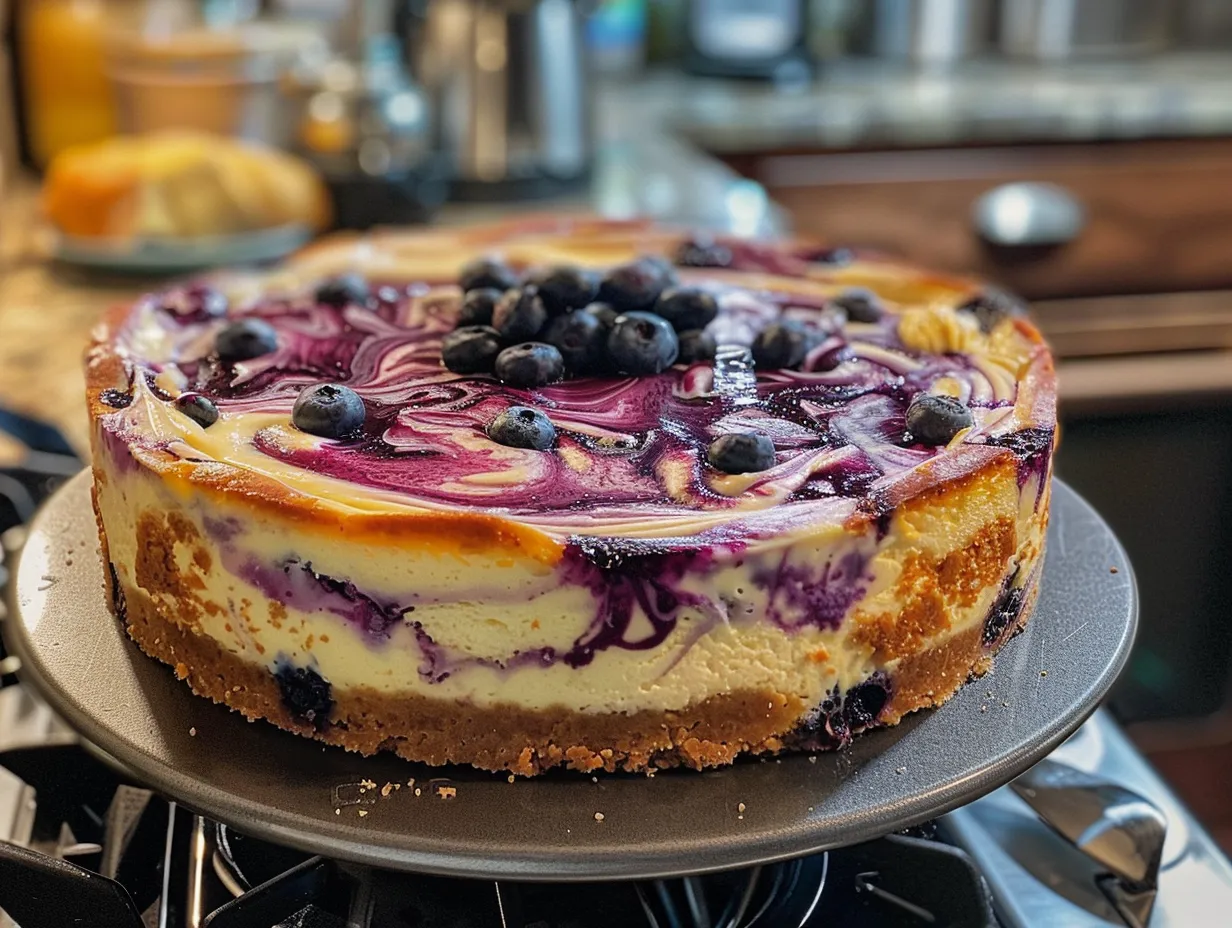 A person enjoying a delicious slice of White Chocolate Blueberry Cheesecake