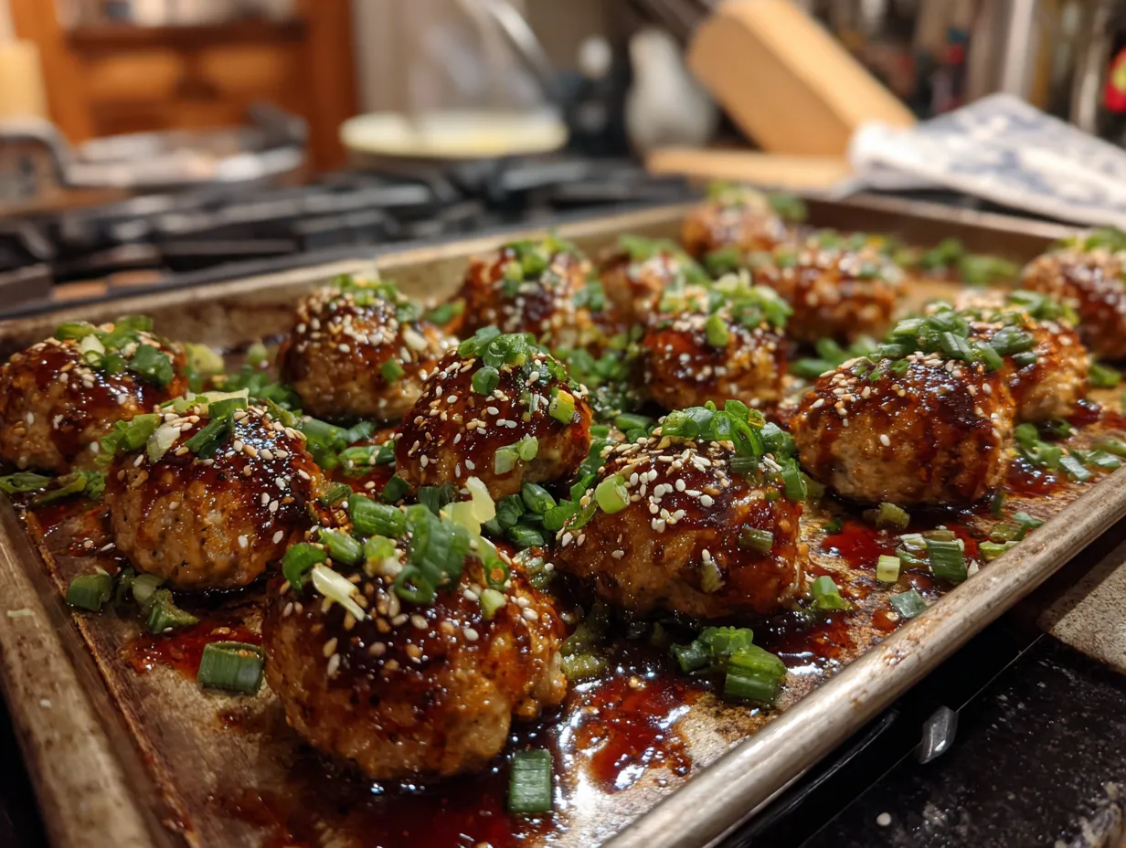 A family enjoying Sheet Pan Sesame Ginger Chicken Meatballs with Sweet Chili Glaze