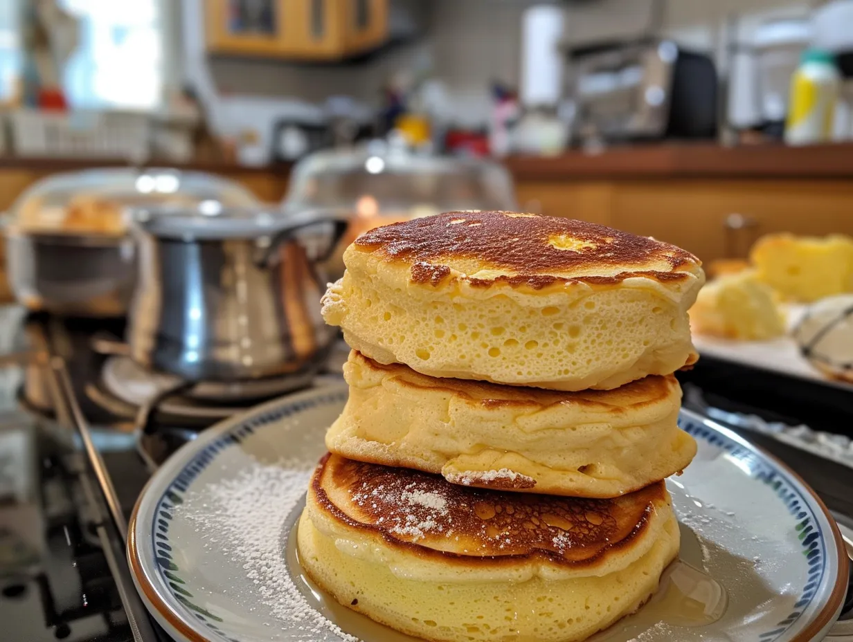 A stack of homemade Fluffy Japanese Soufflé Pancakes with berry toppings