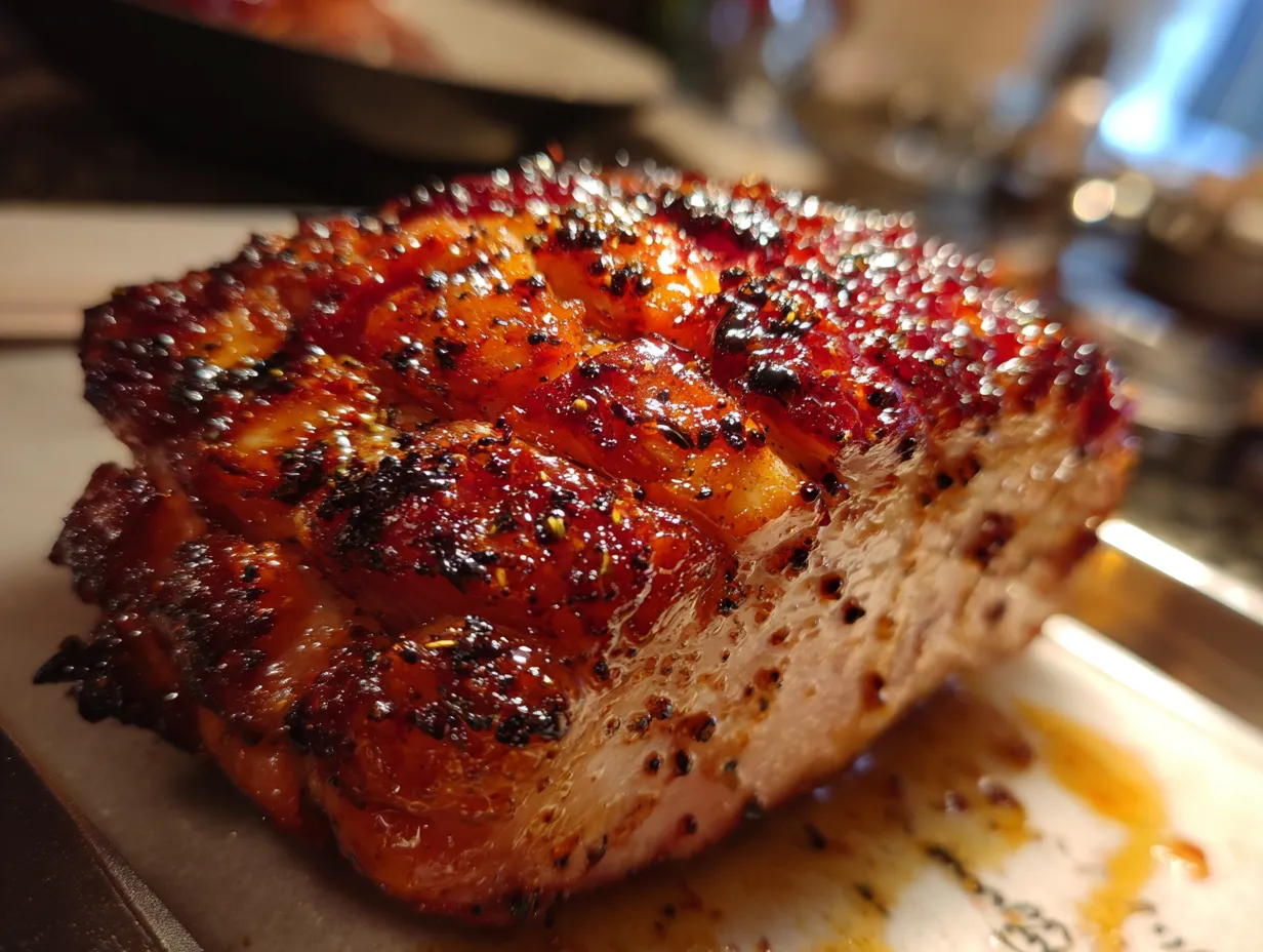 Close-up of cranberry orange glazed turkey breast with final glaze application.