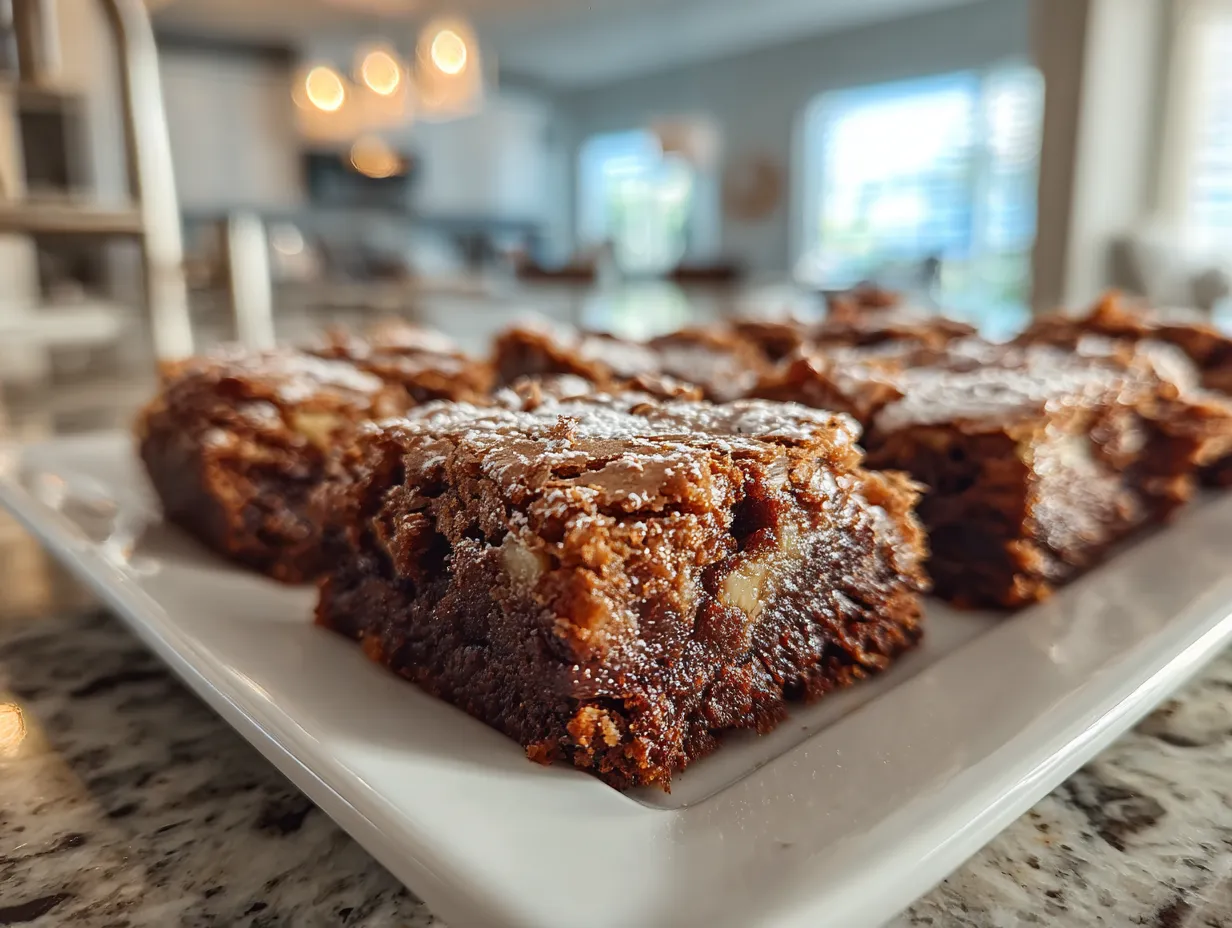 Finished apple brownies cut into squares on a plate