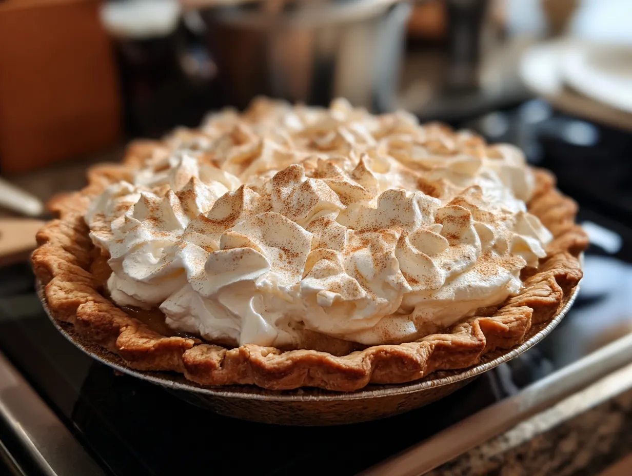 Finished Apple Butter Pie with Cinnamon Whipped Cream, golden brown and ready to serve.