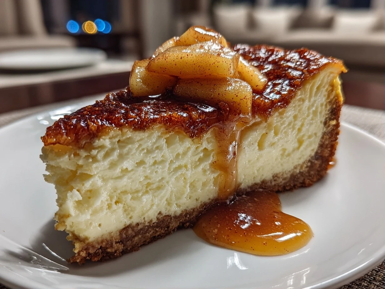 Finished apple cider cheesecake with a smooth surface and a light golden-brown crust.