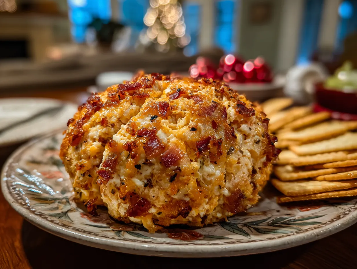 A beautifully coated and finished Bacon Cheddar Cheese Ball ready to be served.