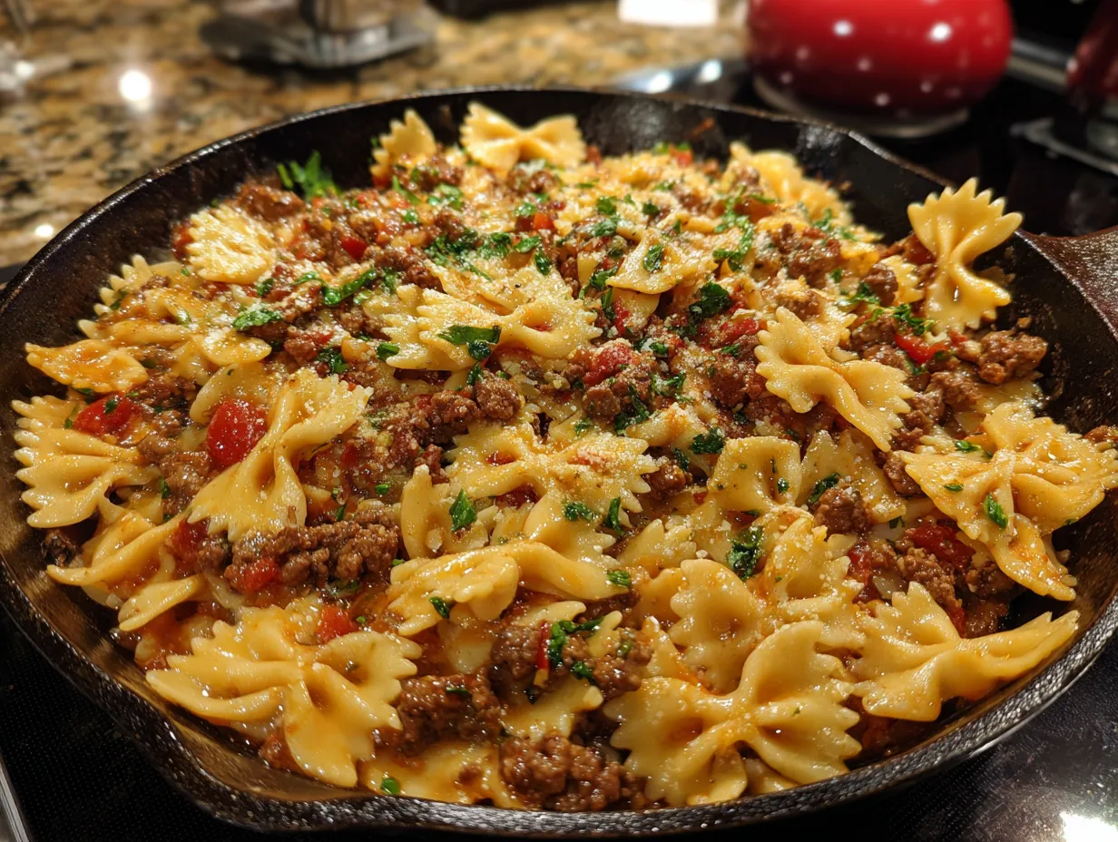 Finished Beef and Bowtie Pasta in a white bowl, garnished with parsley and Parmesan cheese, ready to eat.