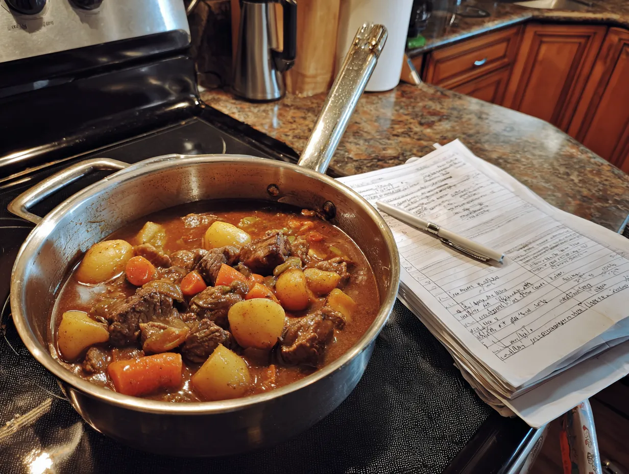A bowl of finished Beef Stew on a kitchen counter, garnished with fresh parsley.