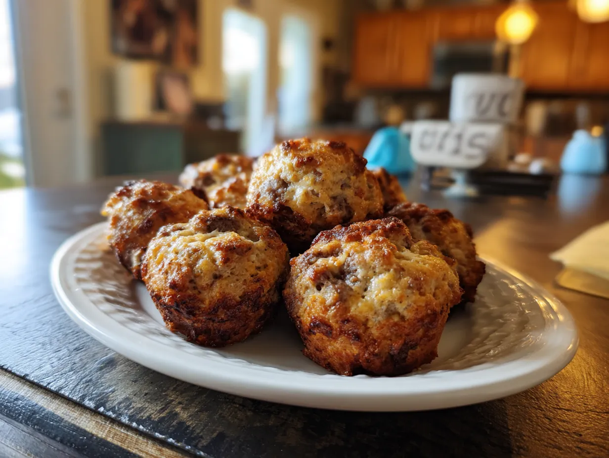 Golden brown Bisquick Sausage Balls on a kitchen counter.