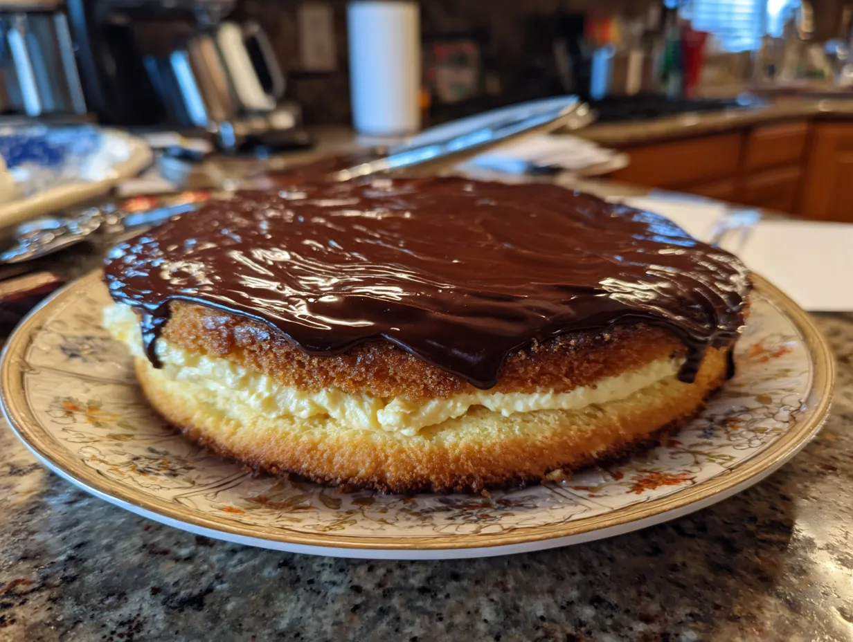 A beautifully finished Homemade Boston Cream Pie with glossy chocolate ganache.