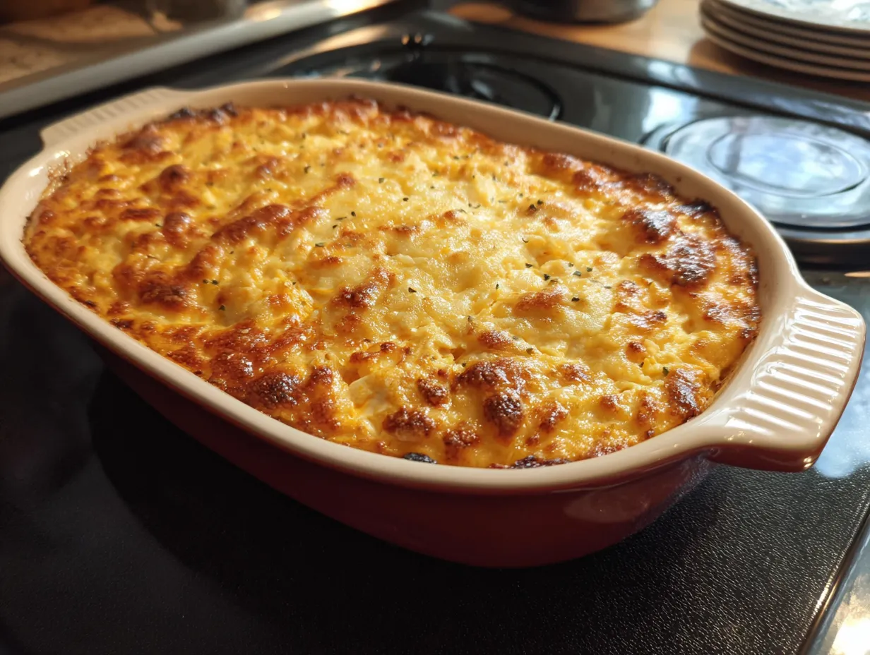 Finished Buffalo Chicken Dip in a baking dish, ready to be served with various dippers.