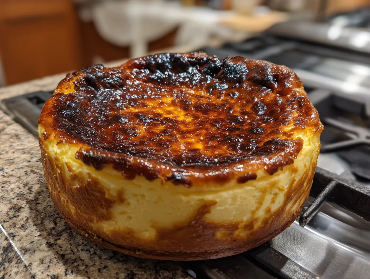 Finished burnt basque cheesecake with a browned top