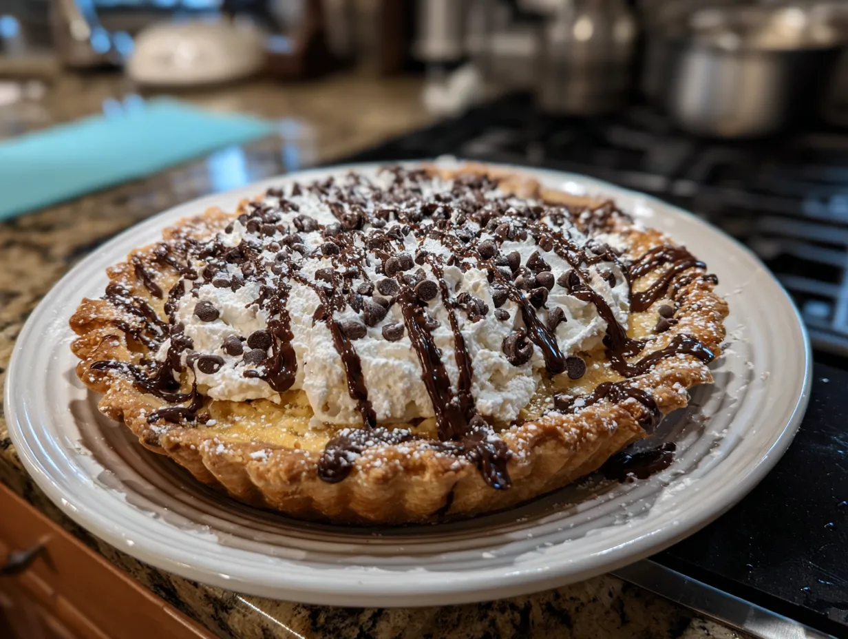 Finished Chocolate Chip Cannoli Pie with a creamy filling and chocolate chips