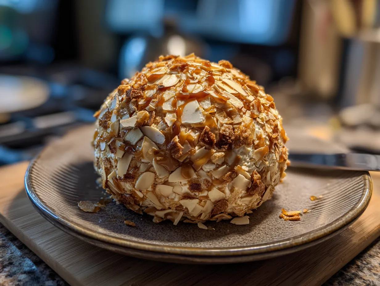 Finished Caramel Apple Cheese Ball ready to serve with graham crackers and apple slices