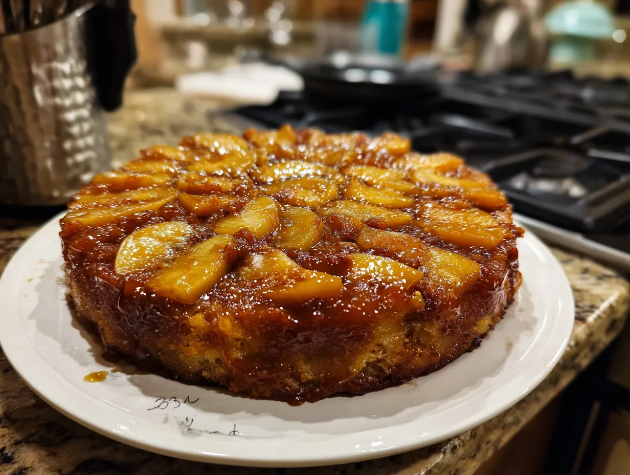 Finished Caramel Apple Upside-Down Cake with a golden caramel topping.