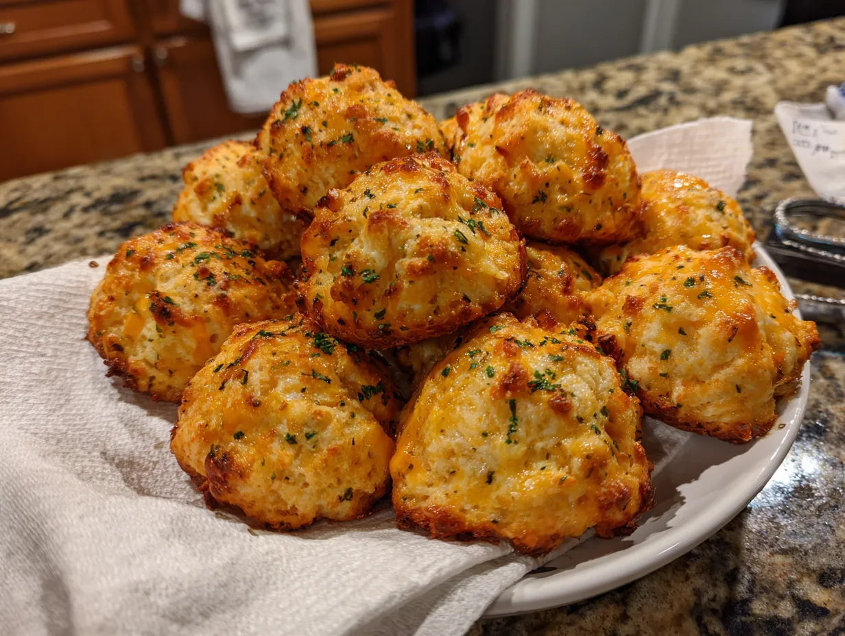 Finished cheddar bay biscuit sausage balls on a kitchen counter.