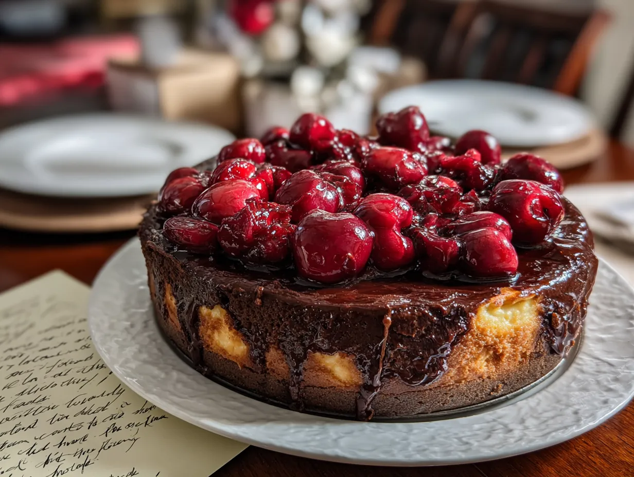 Finished Chocolate Cherry Cheesecake on display