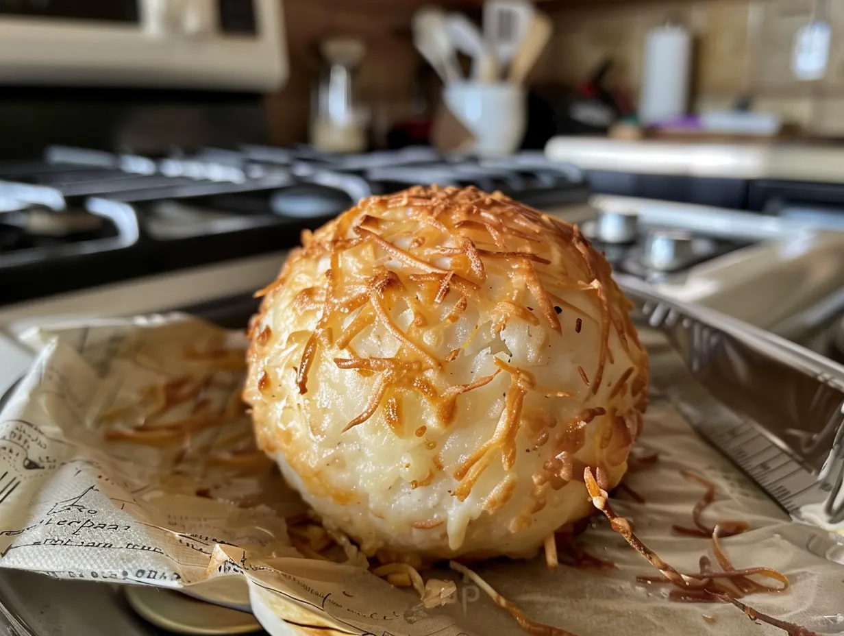 Finished cheese ball coated in pecans, ready to be served.