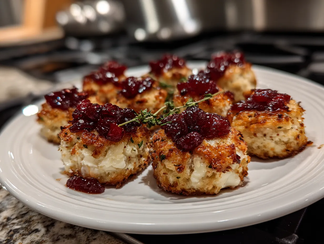 Golden-brown Cranberry Brie Bites served on a kitchen counter, showcasing their melted brie and flaky pastry