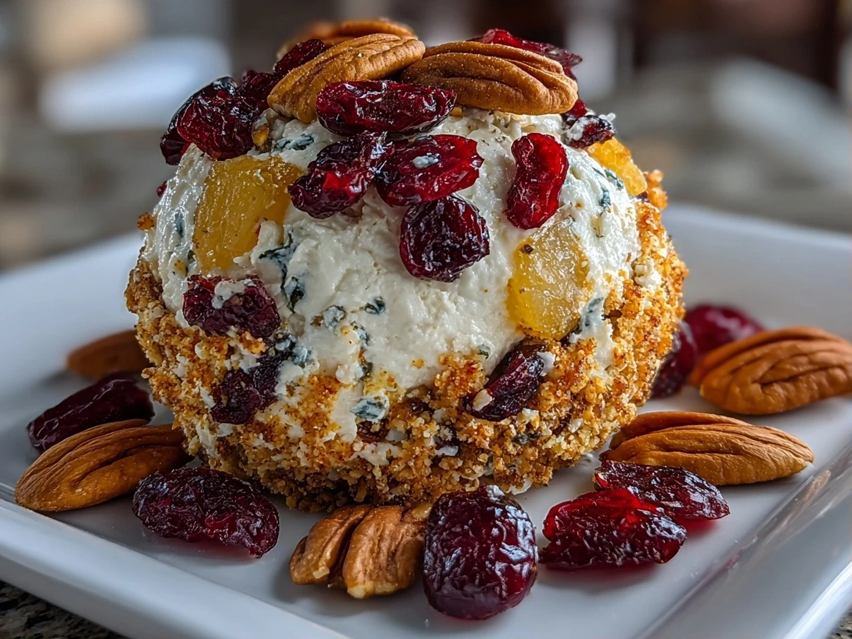 Finished cranberry pineapple pecan cheese ball coated in pecans, ready to serve.