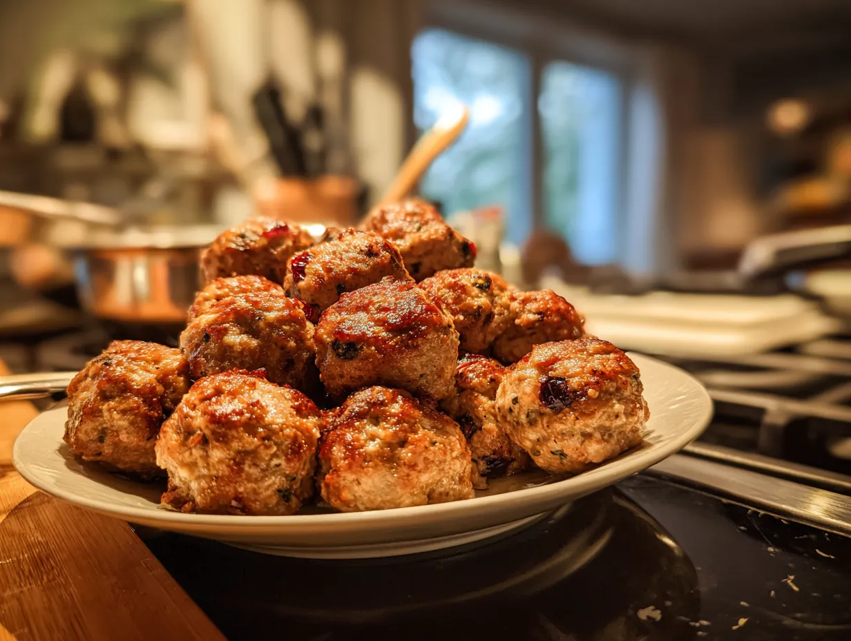 Finished cranberry turkey meatballs displayed on a serving dish.