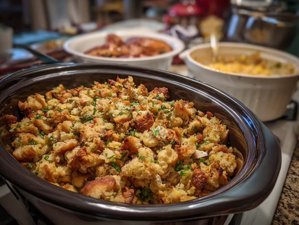 A heartwarming image of the finished Crockpot Chicken and Stuffing, perfectly cooked and ready to be served.