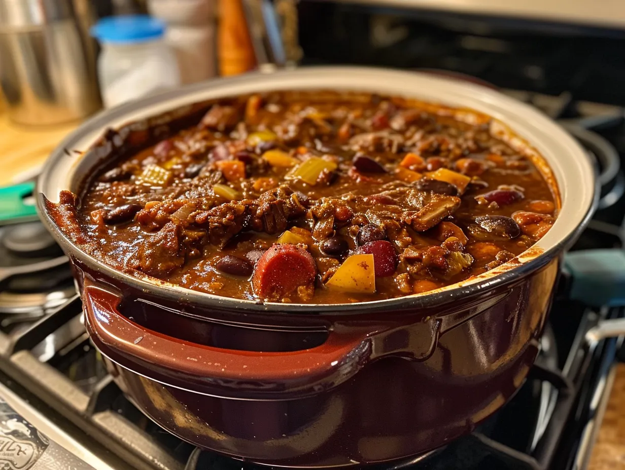 Finished Crockpot Prime Rib Chili, served in a bowl with toppings like shredded cheese and sour cream.