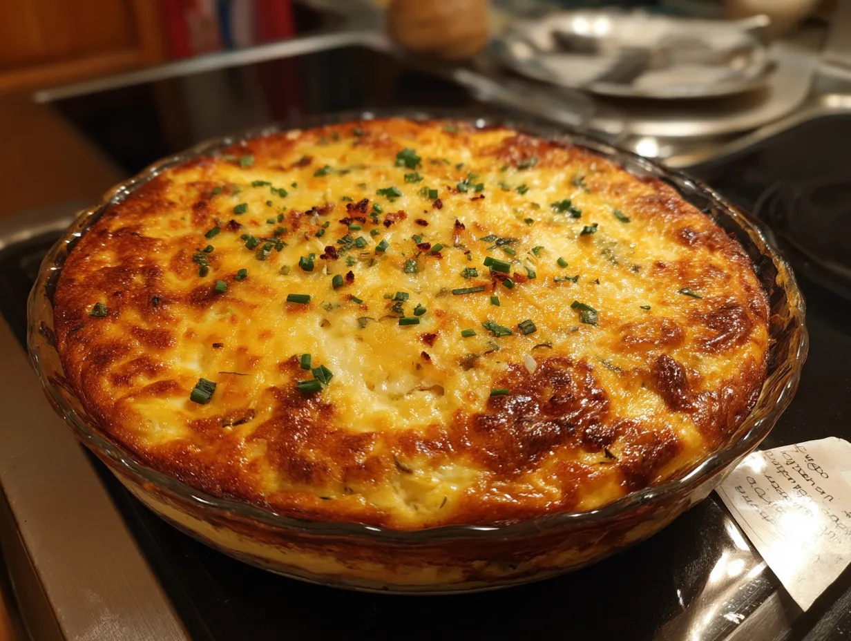 Finished Egg Hashbrown Casserole on stove top ready to be served.