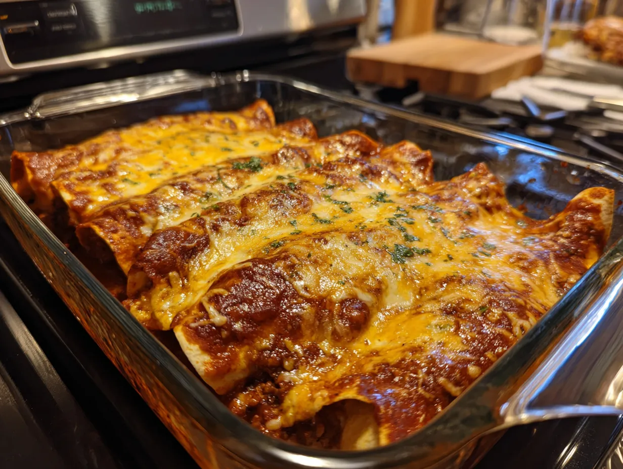 Finished Beef Enchiladas with Homemade Red Sauce on a stovetop