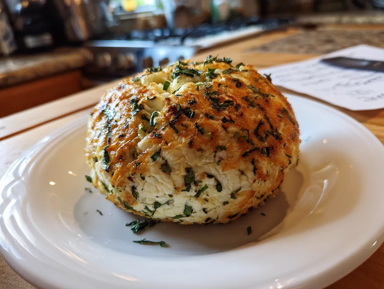 Finished garlic herb cheeseball coated in nuts, served with crackers.