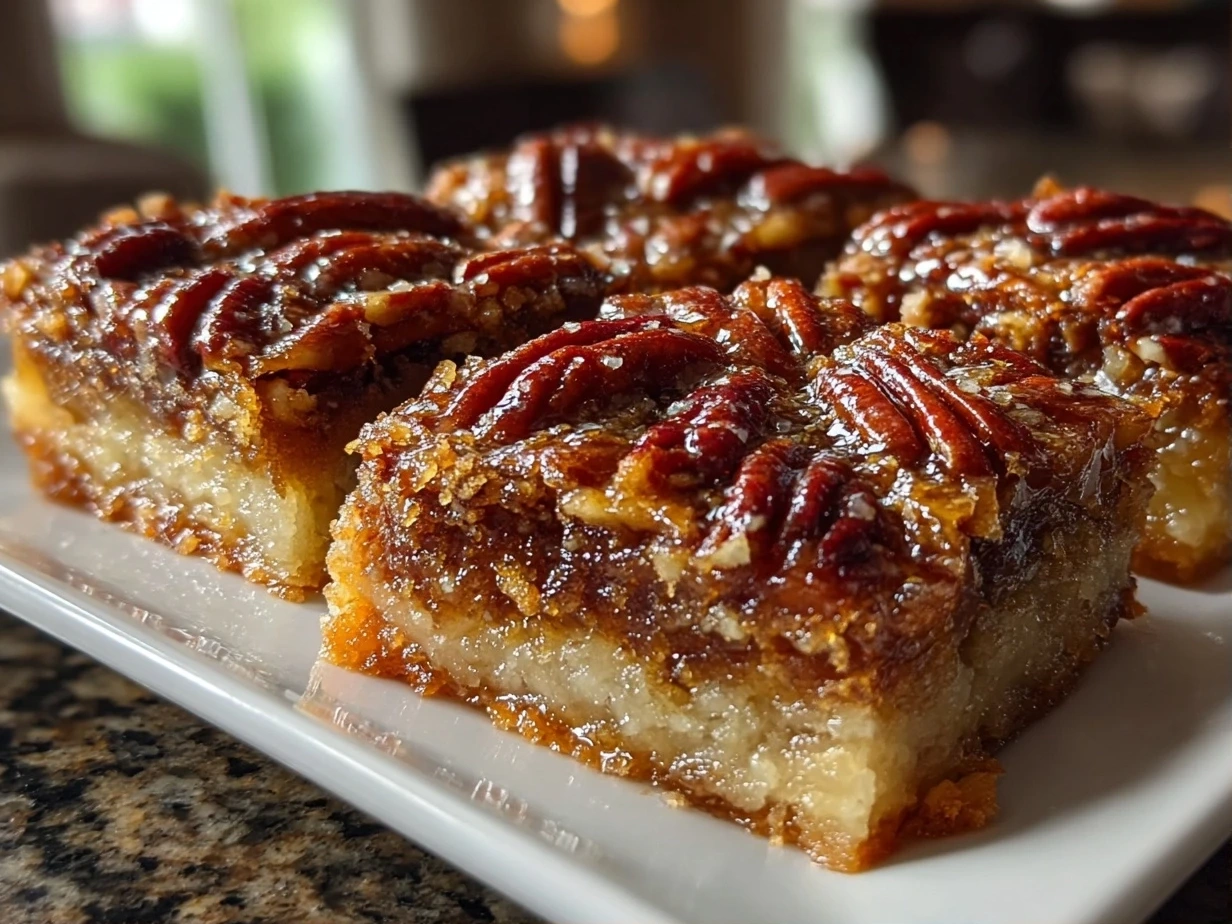 Close up of a finished gooey pecan pie bar.