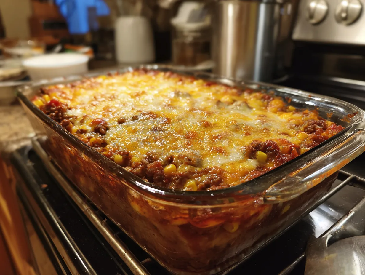 A beautifully presented Hobo Casserole in a baking dish, garnished with fresh herbs and ready to be served.